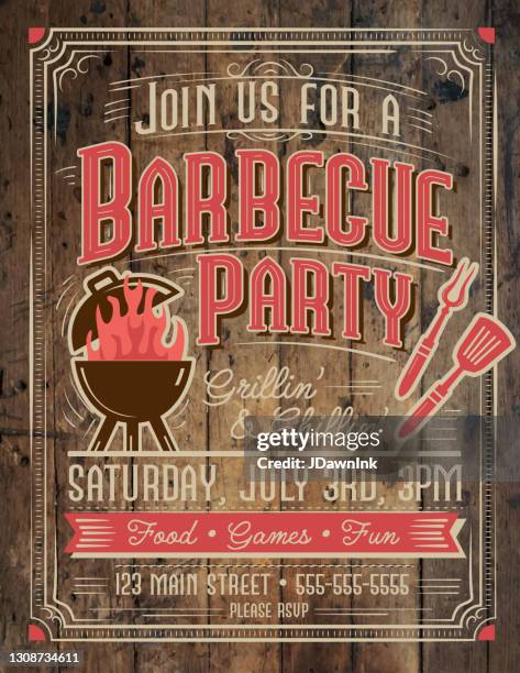 trendy and stylized barbecue party invitation design template for summer cookouts and celebrations on wooden texture - wooden background stock illustrations