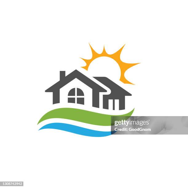 real estate symbol - houses in the sun stock illustrations