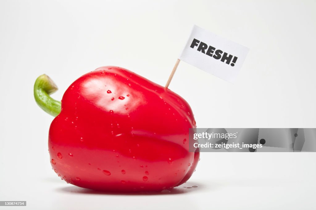 Red pepper, flag saying fresh!