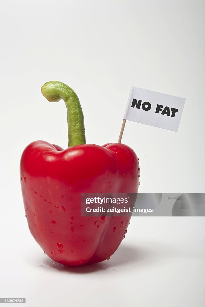 Red pepper, flag saying no fat