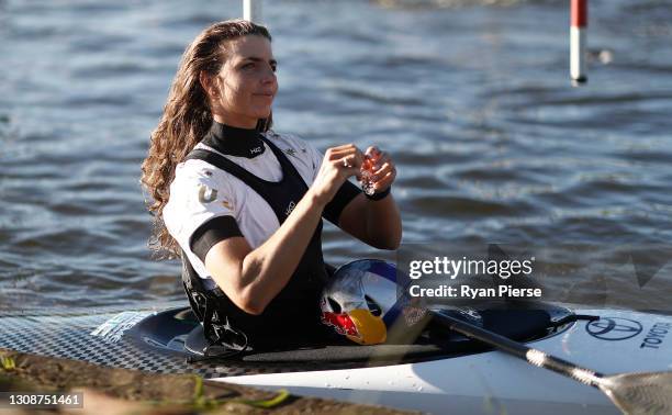 Australian Olympic Slalom canoeist Jessica Fox trains at Penrith Whitewater Centre on March 24, 2021 in Sydney, Australia. The Penrith Whitewater...