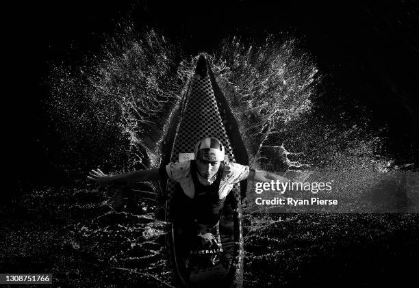 Australian Olympic Slalom canoeist Jessica Fox poses at Penrith Whitewater Centre on March 24, 2021 in Sydney, Australia. The Penrith Whitewater...
