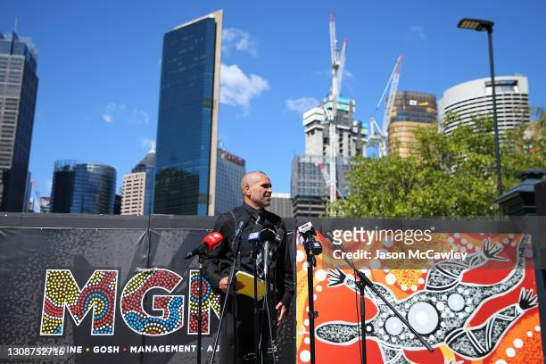 Anthony Mundine speaks during the Anthony Mundine media conference at the Cruise Bar on March 24, 2021 in Sydney, Australia.