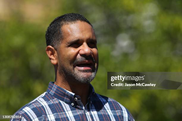 Michael O'Loughlin speaks during the Anthony Mundine media conference at the Cruise Bar on March 24, 2021 in Sydney, Australia.