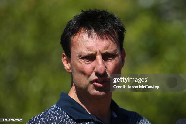 Laurie Daley speaks during the Anthony Mundine media conference at the Cruise Bar on March 24, 2021 in Sydney, Australia.
