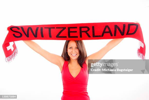 swiss fan, woman with fan scarf - soccer scarf stock-fotos und bilder
