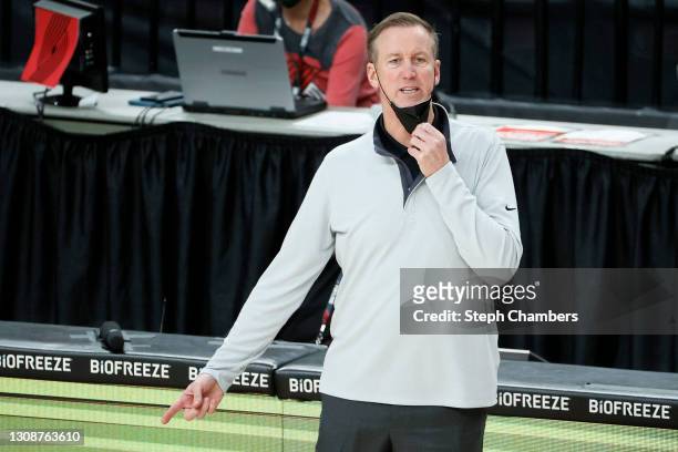 Head coach Terry Stotts of the Portland Trail Blazers looks on during the second quarter against the Brooklyn Nets at Moda Center on March 23, 2021...