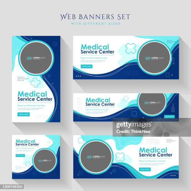 illustrazioni stock, clip art, cartoni animati e icone di tendenza di cover dei social media medici e set di modelli post design - blue header design