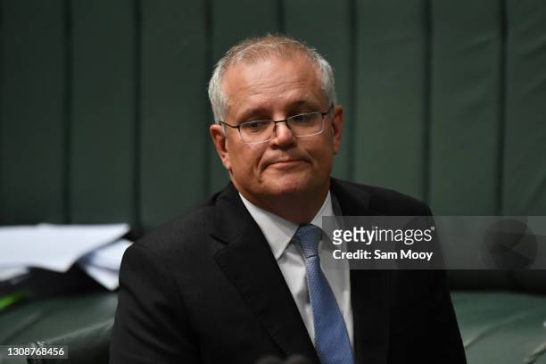 Prime Minister Scott Morrison during Question Time in the House of Representatives at Parliament House on March 24, 2021 in Canberra, Australia. On...