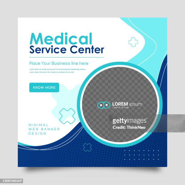 stockillustraties, clipart, cartoons en iconen met blue promotion vierkante webbanner voor mobiele app voor sociale media - gezondheidszorg en medicijnen