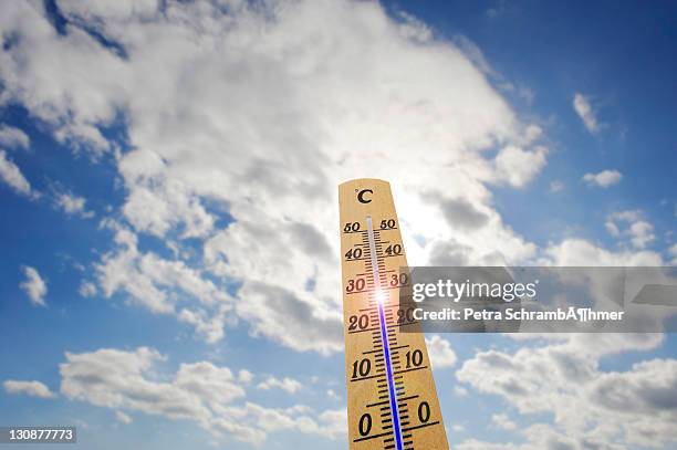 thermometer, 28 degrees celsius, heat day - celsius stock-fotos und bilder