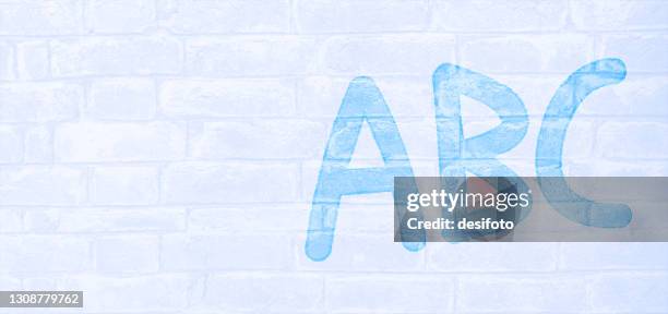 horizontal panoramic weathered sky blue color brick pattern wall textured grunge vector backgrounds with alphabets a b and c painted on it - whitewashed brick stock illustrations