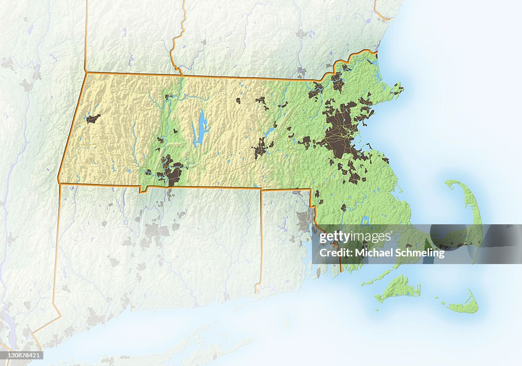 Massachusetts, shaded relief map, USA