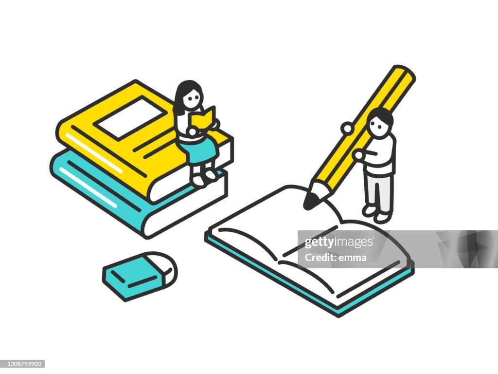 Students reading textbook, writing down in notebook.