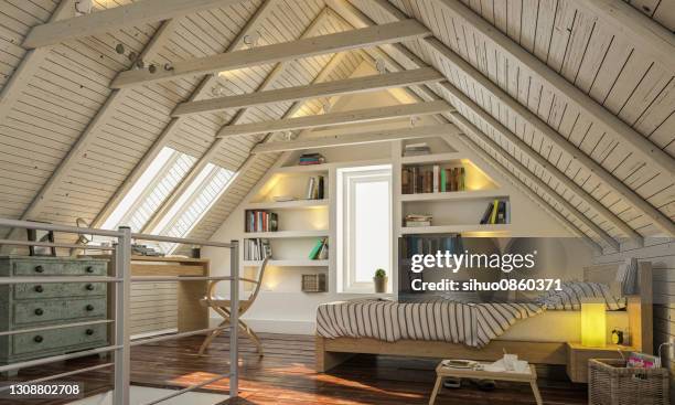 loft attic bedroom - attic stock pictures, royalty-free photos & images