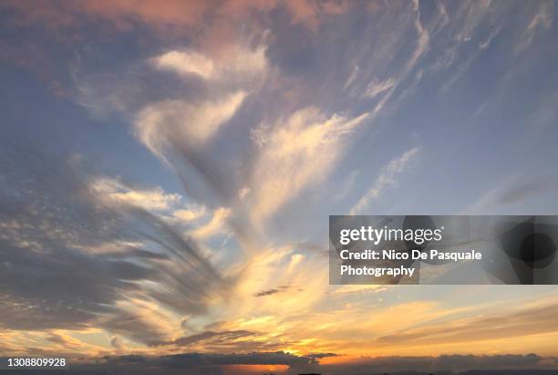 whispy clouds at sunset - wispy stock-fotos und bilder