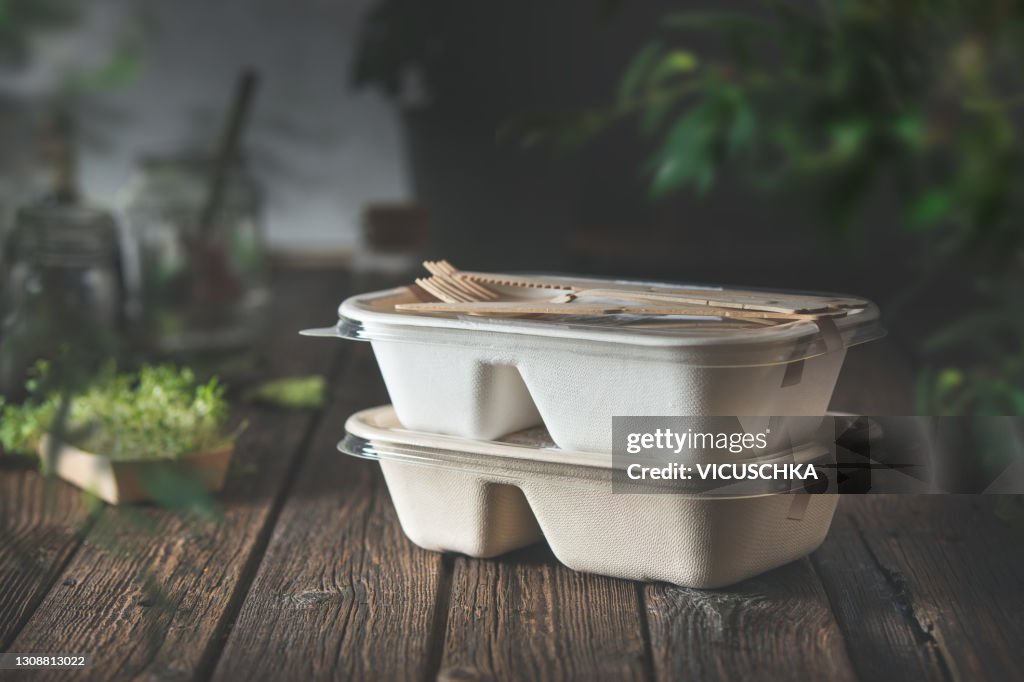 Delivered food in eco friendly paper packaging boxes on wooden table .