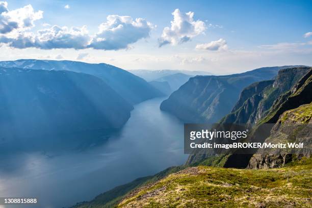 view from the top of the mountain prest to fjord aurlandsfjord, aurland, norway - aurlandsfjord stock pictures, royalty-free photos & images