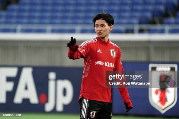 Takumi Minamino of Japan is seen during a training session ahead of the international friendly match between Japan and South Korea at the Nissan...