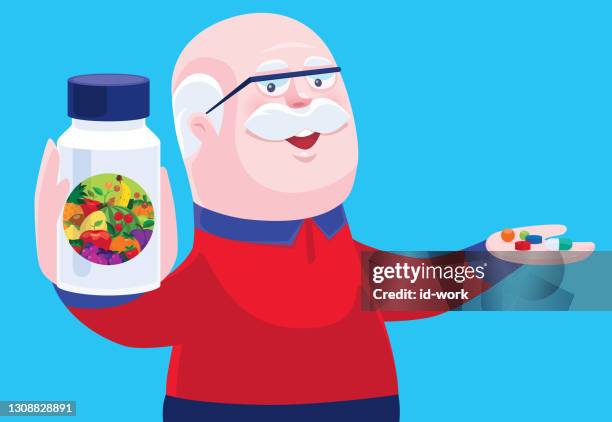 senior man holding vitamin bottle and pills - man taking vitamins stock illustrations