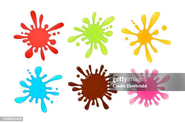 farbige spritzer. rot, grün, orange, blau, braun und rosa cartoon schleim auf weißem hintergrund gesetzt - vegetable juice stock-grafiken, -clipart, -cartoons und -symbole