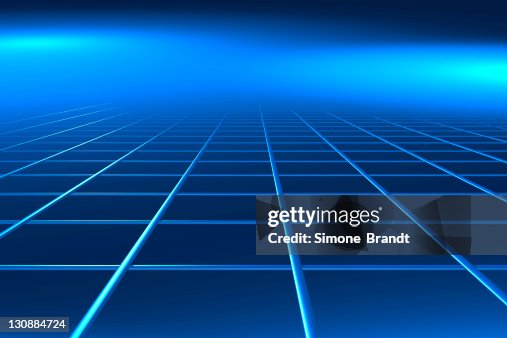Blue surface with grid structure running to perspective vanishing point, 3D illustration Blue surface with grid structure running to perspective vanishing point, 3D illustration