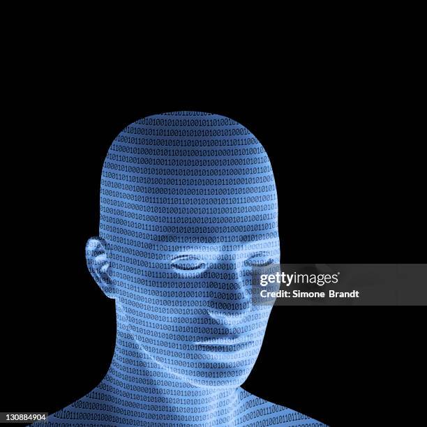 blue male head with binary code, 3d illustration - binary code person stock illustrations