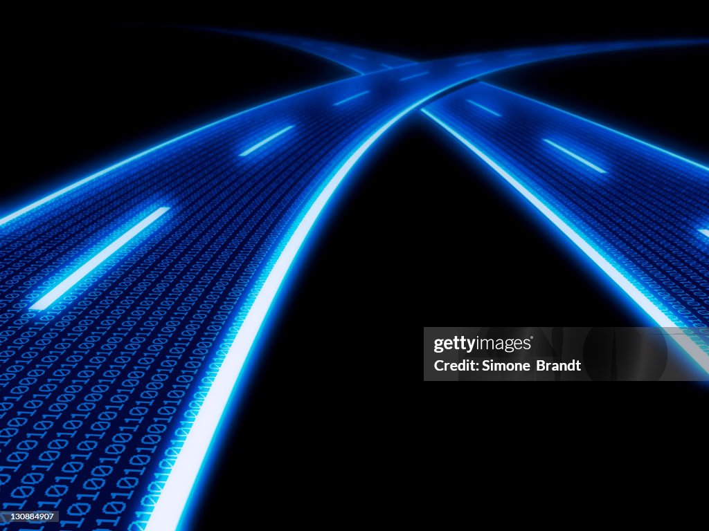 Stylized glowing blue highway with binary code, 3D Illustration