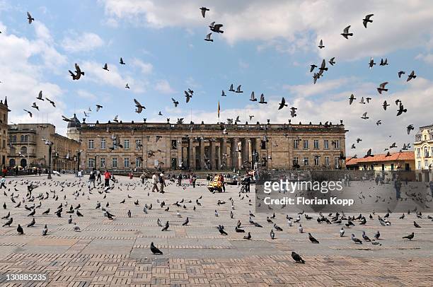 national capitol, capitolio nacional and pigeons, bolã­var square, plaza de bolã­var, bogotã¡, colombia, south america - bolivar square bogota stockfoto's en -beelden