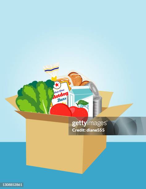 cardboard box filled with groceries - stacked canned food stock illustrations