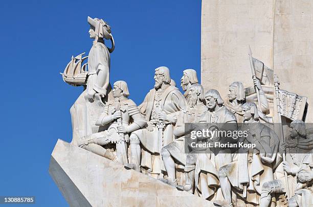 monument to the discoveries, padrao dos descobrimentos, with great people of the portuguese seafaring history, on the estuary of the tagus river, belem, lisbon, portugal, europe - commemoration stock-fotos und bilder