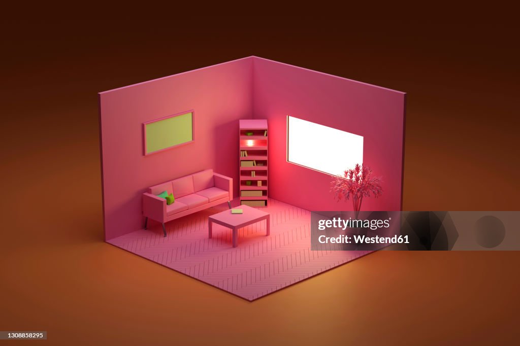 Three dimensional render of corner of pink colored living room