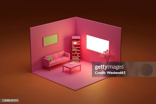 three dimensional render of corner of pink colored living room - wohngebäude stock-grafiken, -clipart, -cartoons und -symbole