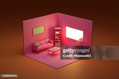 Three dimensional render of corner of pink colored living room Three dimensional render of corner of pink colored living room