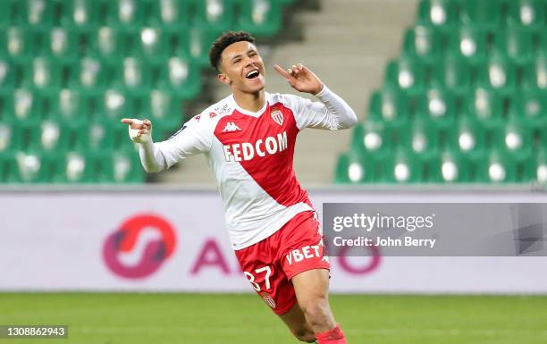 Sofiane Diop of Monaco celebrates his goal during the Ligue 1 match between AS Saint-Etienne and AS Monaco at Stade Geoffroy-Guichard on March 19,...