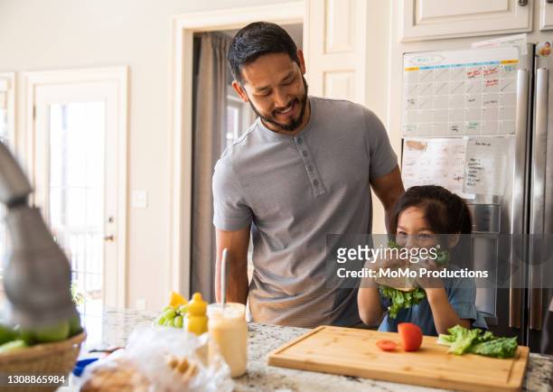 father and daughter making sandwich in kitchen - angelica hale fotografías e imágenes de stock