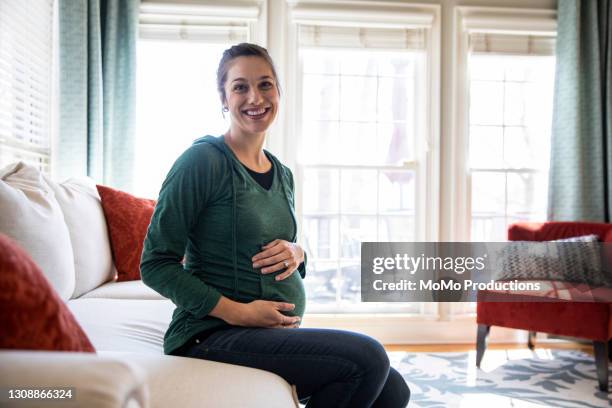 portrait of pregnant woman at home - maternity leave stockfoto's en -beelden