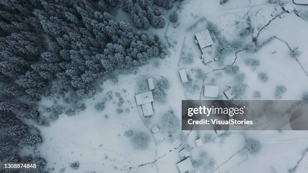 scenic aerial view of the small village in the pine tree mountain forest during snowfall and blizzard - barraca imagens e fotografias de stock