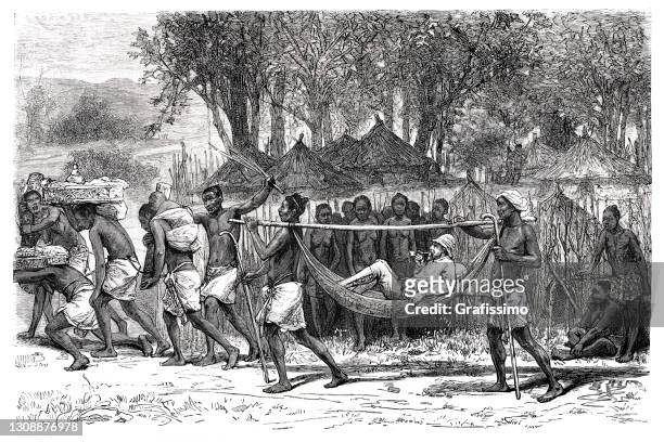 slaves transporting english colonist in congo africa 1877 - democratic republic of the congo stock illustrations