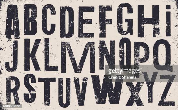 distressed old uppercase alphabet - v1 - black and white colour stock illustrations