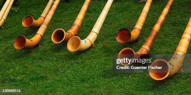 swiss alphorns at a swiss folk festival, valais, switzerland, europe - alphorn stock-fotos und bilder