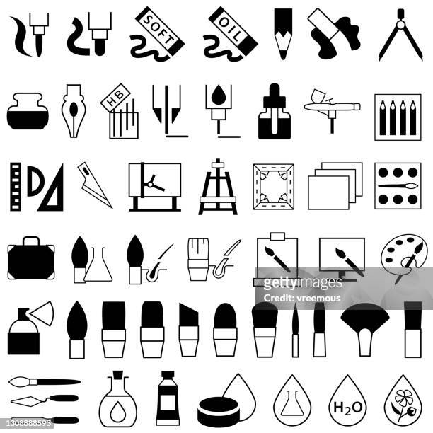 drawing and painting art supplies icons - painting art product stock illustrations