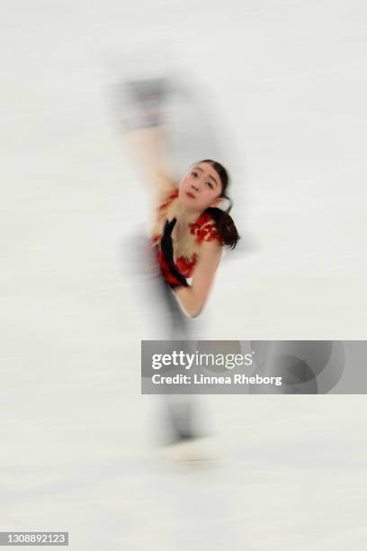 Rika Kihira of Japan performs in the Ladies Short Program during the ISU World Figure Skating Championships at Ericsson Globe on March 24, 2021 in...