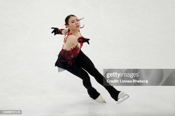 Rika Kihira of Japan performs in the Ladies Short Program during the ISU World Figure Skating Championships at Ericsson Globe on March 24, 2021 in...