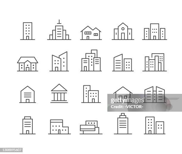illustrazioni stock, clip art, cartoni animati e icone di tendenza di icone degli edifici - serie linea classica - grattacielo