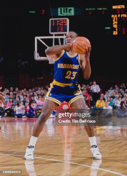 Mitch Richmond, Shooting Guard for the Golden State Warriors during the NBA Midwest Division basketball game against the Denver Nuggets on 28th...