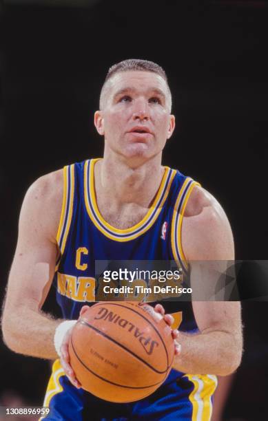 Chris Mullin, Small Forward and Shooting Guard for the Golden State Warriors prepares to take a free throw shot during the NBA Midwest Division...