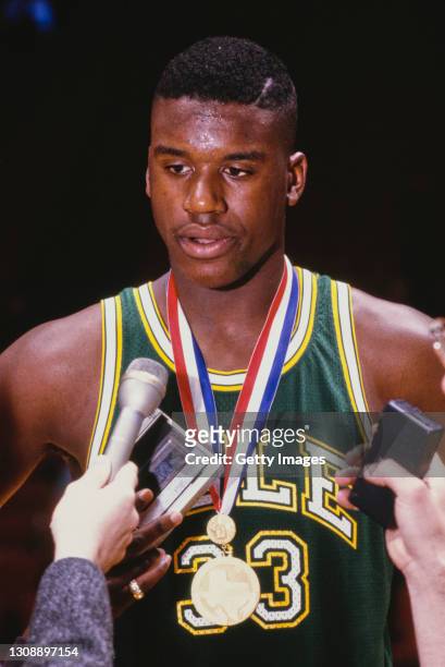 Shaquille O'Neal, Center for the Cole High School Cougars basketball team talks to the media after being awarded the State Tournament Star medal...