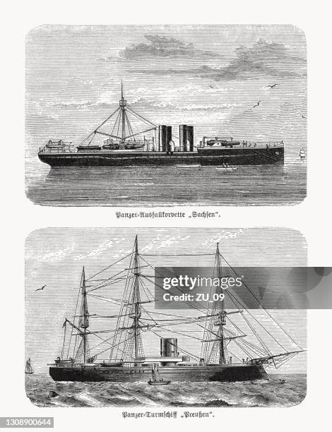 german armoured frigates sms sachsen and preussen, woodcuts, published 1893 - wallpaper steamer stock illustrations