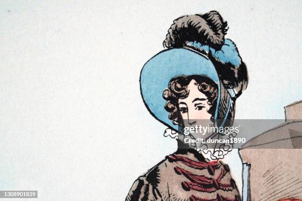 women's fashion early 19th century, headwear, bonnets - bonnet stock illustrations
